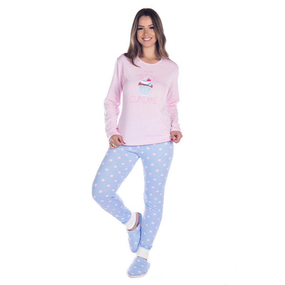 Pijama Suede Feminino com Manga Longa e Calça Listrada Coleção Inverno Victory