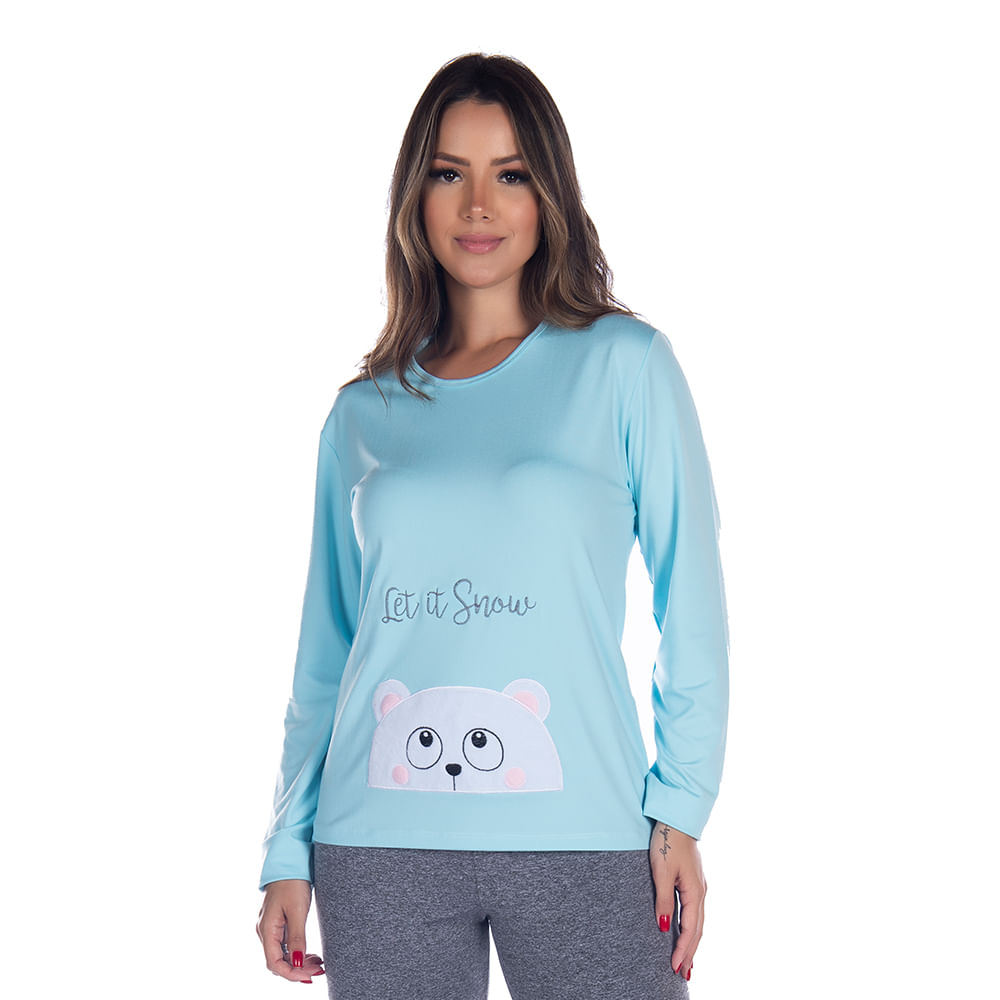 Pijama Suede Bordado Feminino com Manga Longa e Calça Coleção Inverno Victory