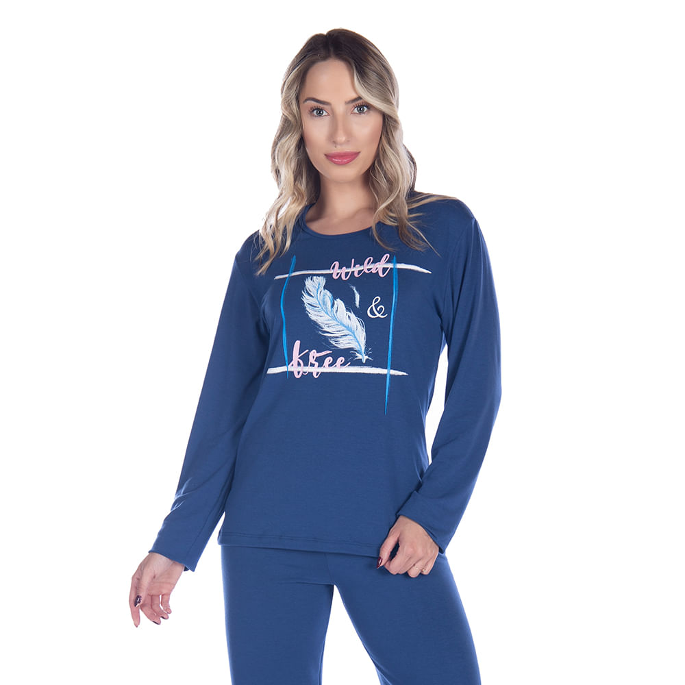 Pijama Suede Liso Feminino com Manga Longa e Calça Coleção Inverno Victory