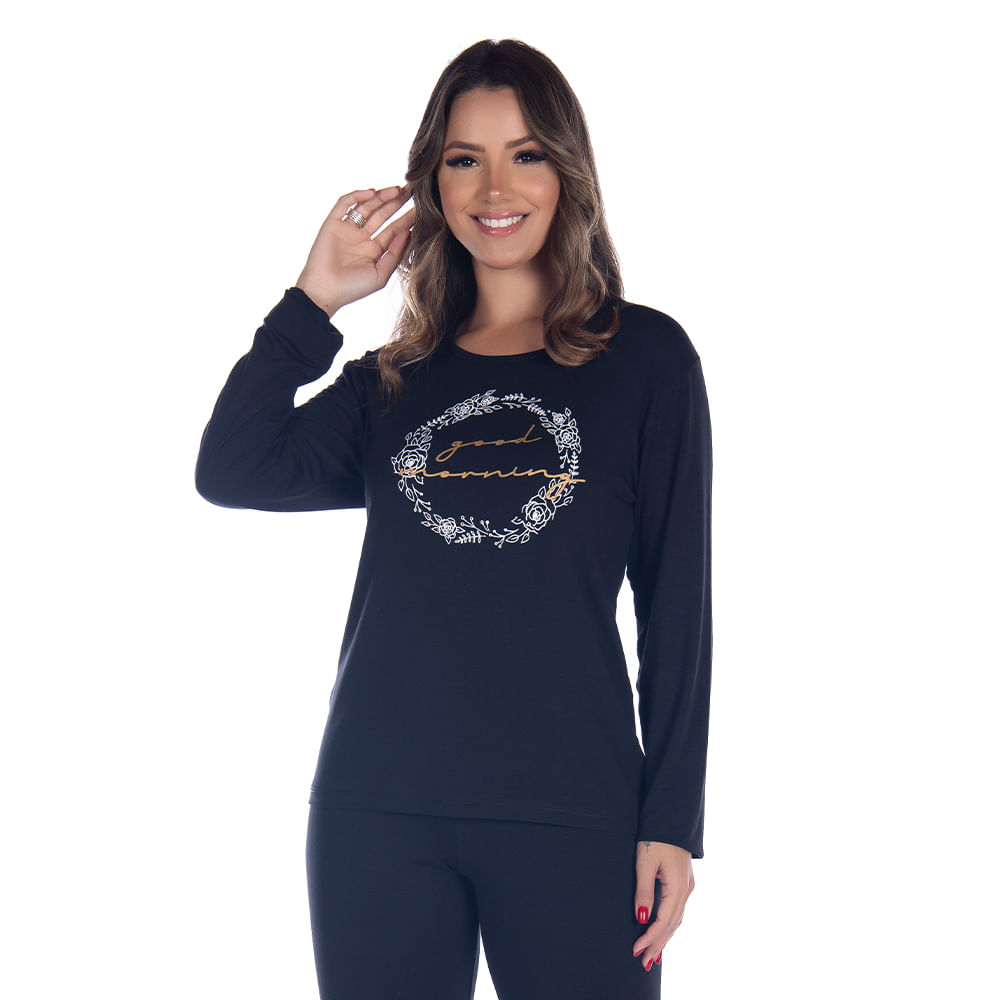 Pijama Suede Liso Feminino com Manga Longa e Calça Coleção Inverno Victory