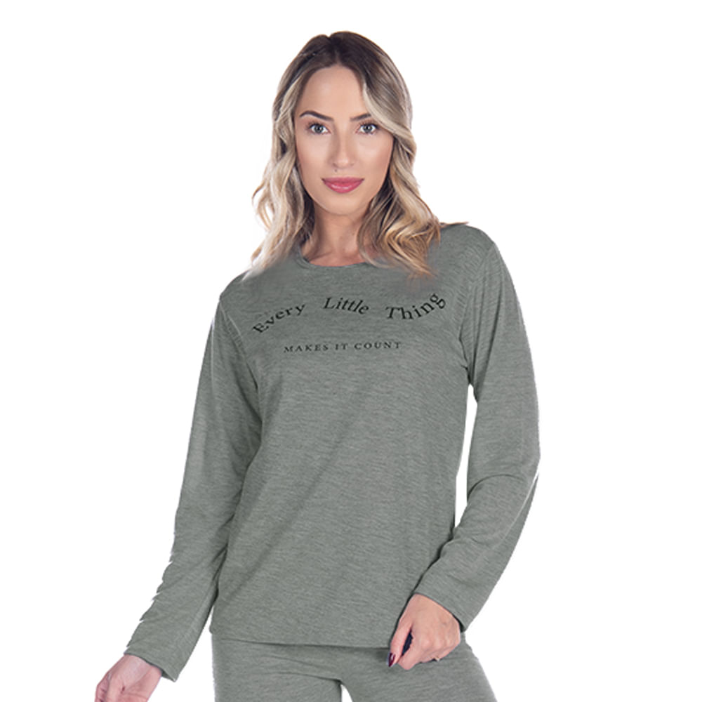Pijama Suede Liso Feminino com Manga Longa e Calça Coleção Inverno Victory