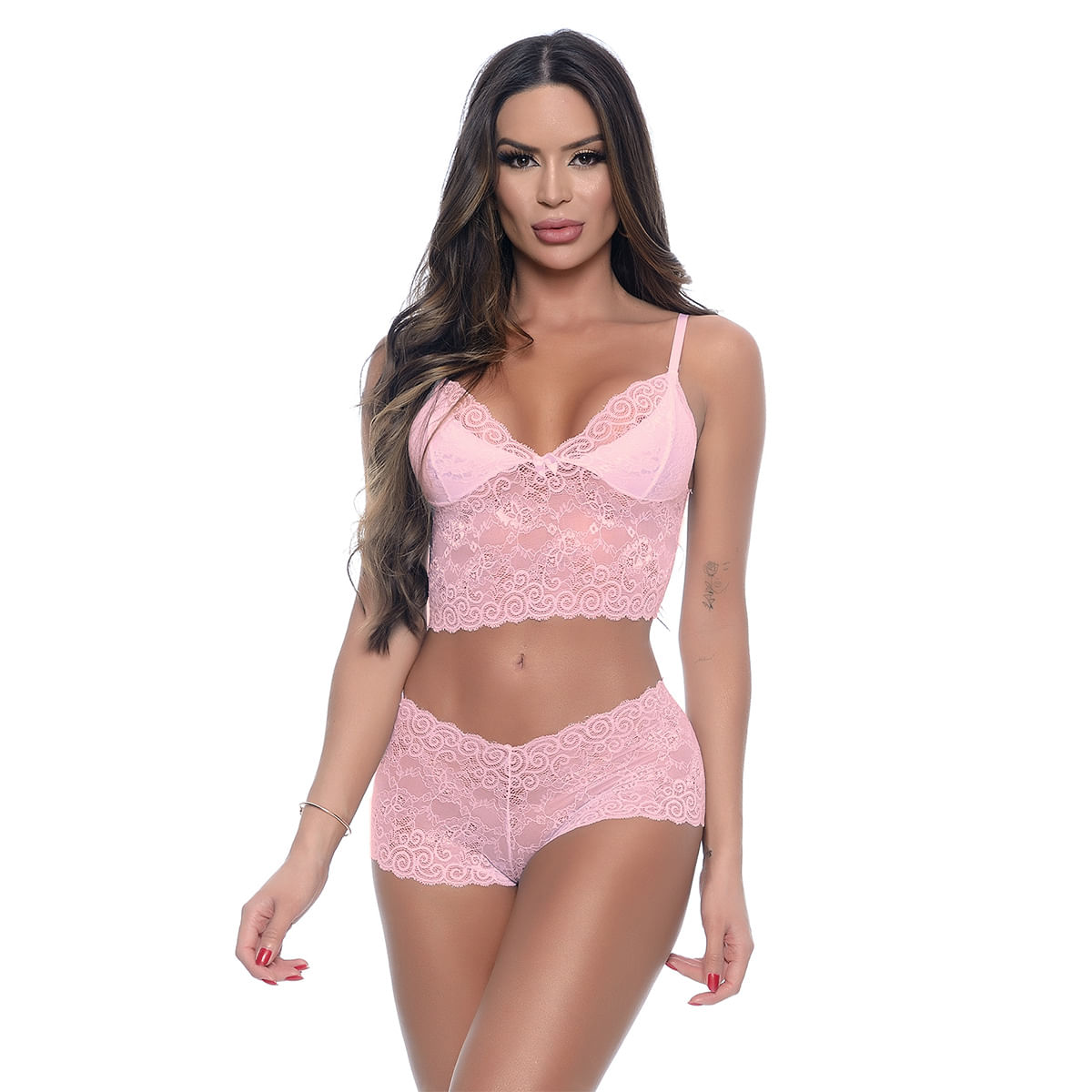 Conjunto Cropped e Calesson em Renda Sem Bojo Hot Love