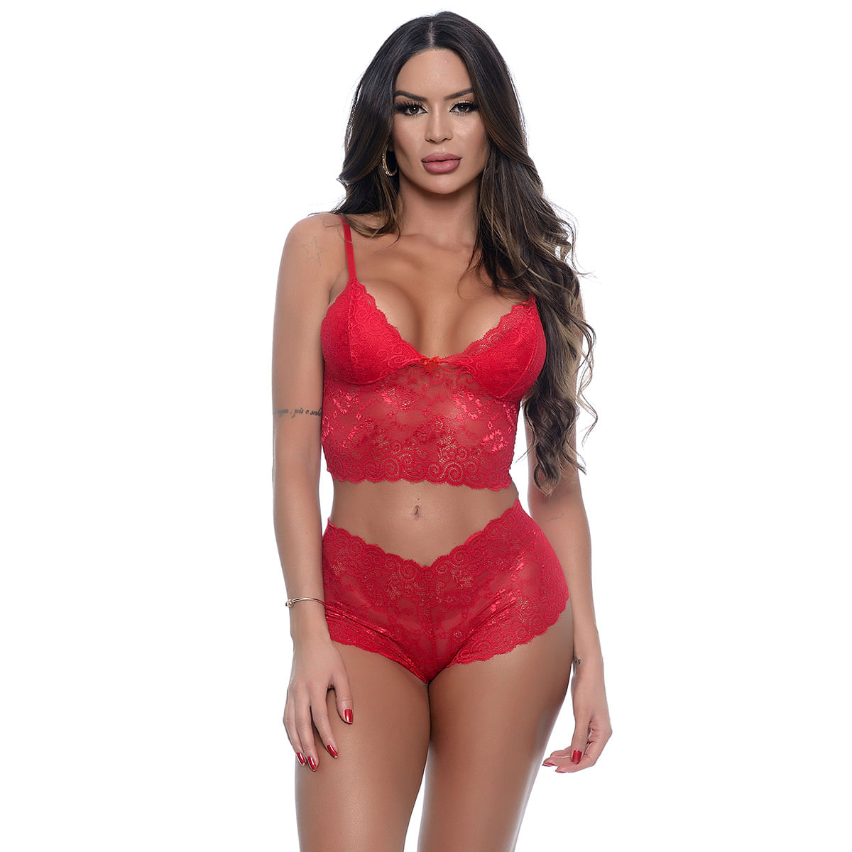 Conjunto Cropped e Calesson em Renda Sem Bojo Hot Love Conjunto Cropped e Calesson em Renda Sem Bojo Hot Love