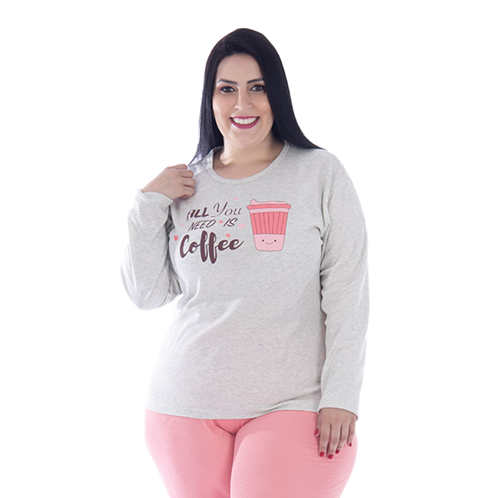 Pijama Tradicional Canelado Plus Size Feminino com Manga Longa e Calça Coleção Inverno Victory
