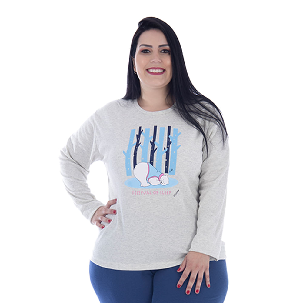 Pijama Tradicional Canelado Plus Size Feminino com Manga Longa e Calça Coleção Inverno Victory