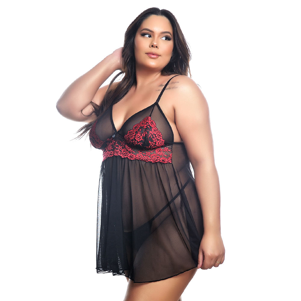 Camisola Camélia Plus Size em Tule com Detalhes em Renda Tallyta Moda Apimentada