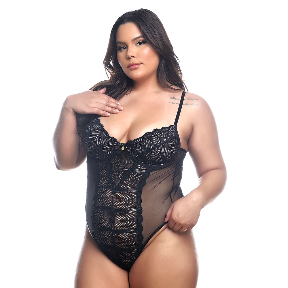 Body Francielly Plus Size em Tule com Detalhes em Renda Tallyta Moda Apimentada