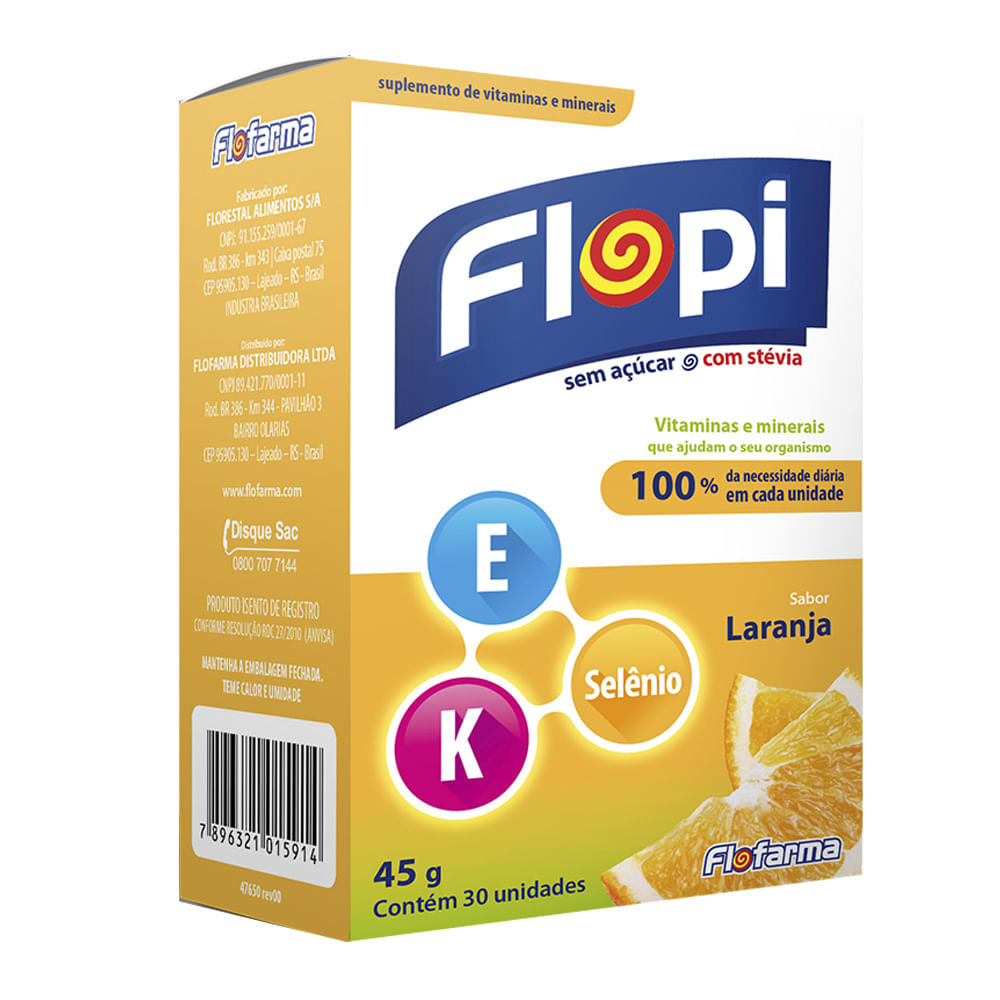 Flopi Drops de Isomalte Vitamina A K e Selênio com 30 unidades Sabor Laranja Flofarma