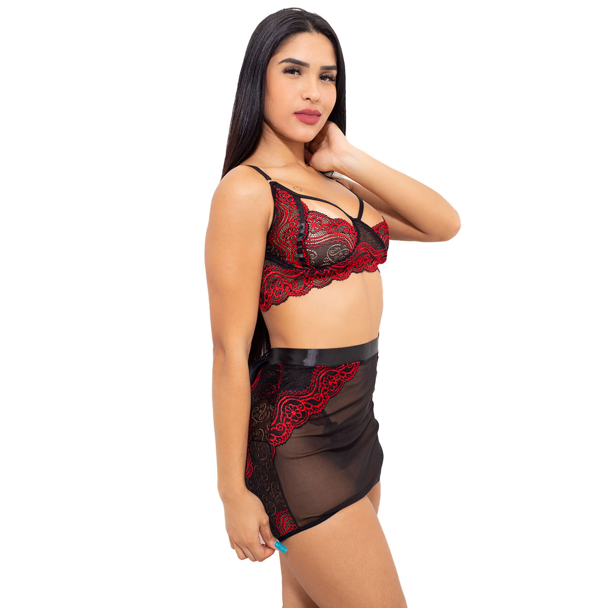 Conjunto em Renda Bicolor com Sainha em Tule Hot Love