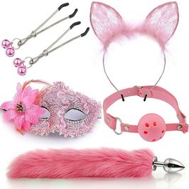 Kit Rabo de Raposa, Tiara de Orelhas, Grampos para os Seios e Gargantilha com Máscara Sexy Import