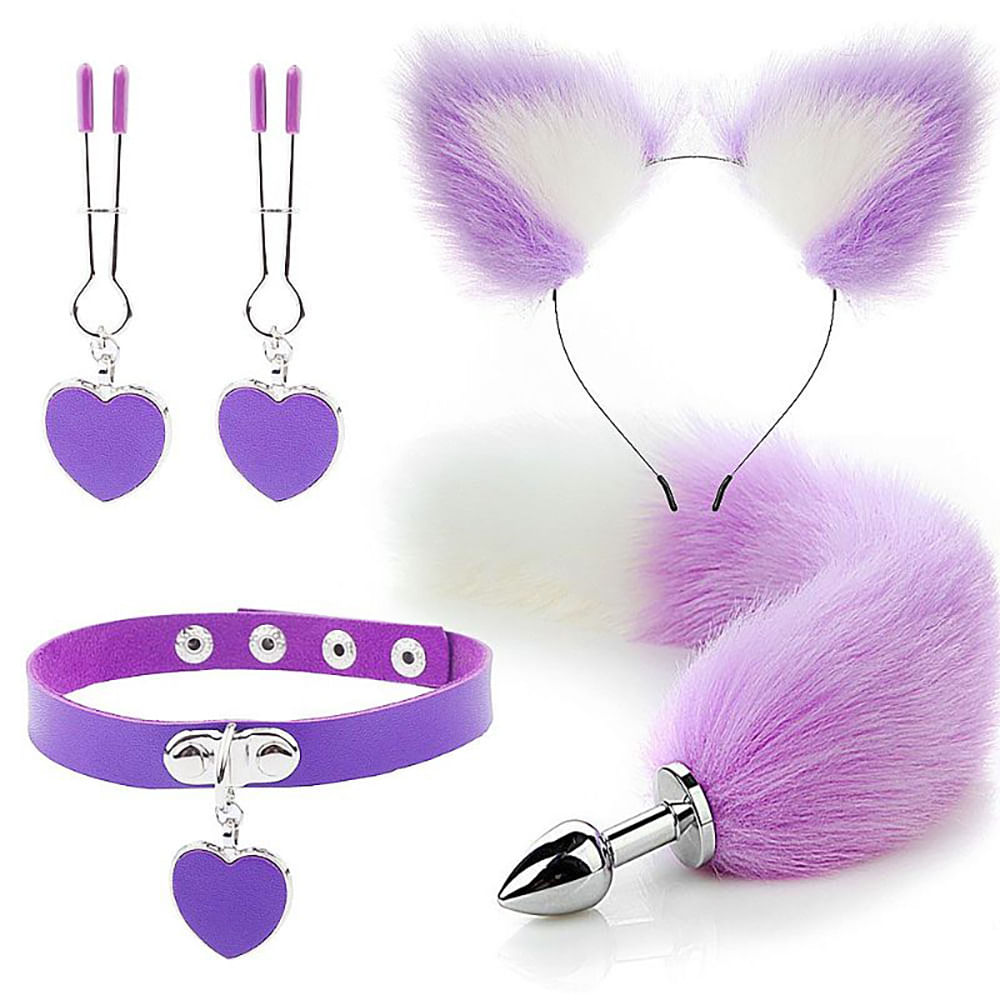Kit Plug Anal Rabo de Raposa, Tiara de Orelha, Grampos para Mamilos e Gargantilha Sexy Import em 10X Sem Juros Kit Plug Anal Rabo de Raposa, Tiara de Orelha, Grampos para Mamilos e Gargantilha Sexy Import em 10X Sem Juros