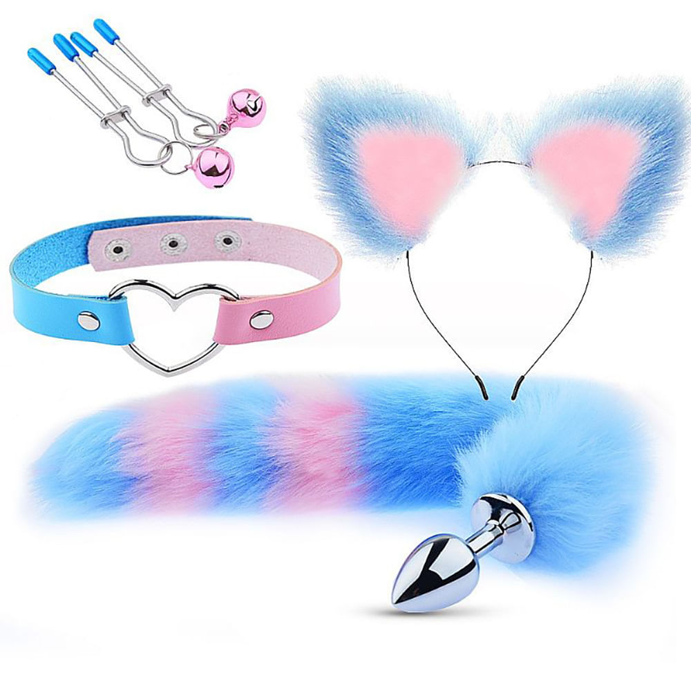 Kit Sado Rapousa com 4 peças Azul e Rosa - Kit Rabo de Raposa, Tiara de Orelhas, Grampos para os Seios e Gargantilha Sexy Import Kit Sado Rapousa com 4 peças Azul e Rosa - Kit Rabo de Raposa, Tiara de Orelhas, Grampos para os Seios e Gargantilha Sexy Import
