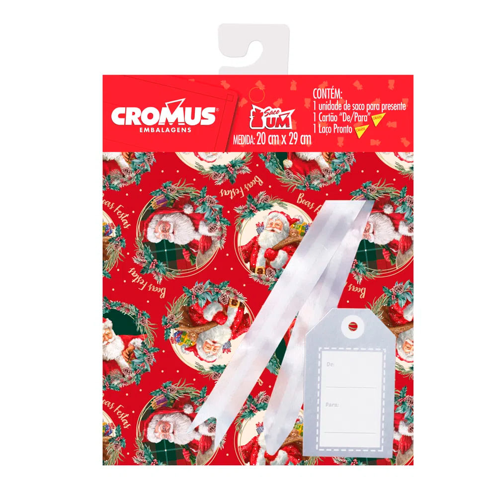 Kit para Presente de Natal com 1 Saco 1 Laço e 1 Cartão 25x37 cm Cromus