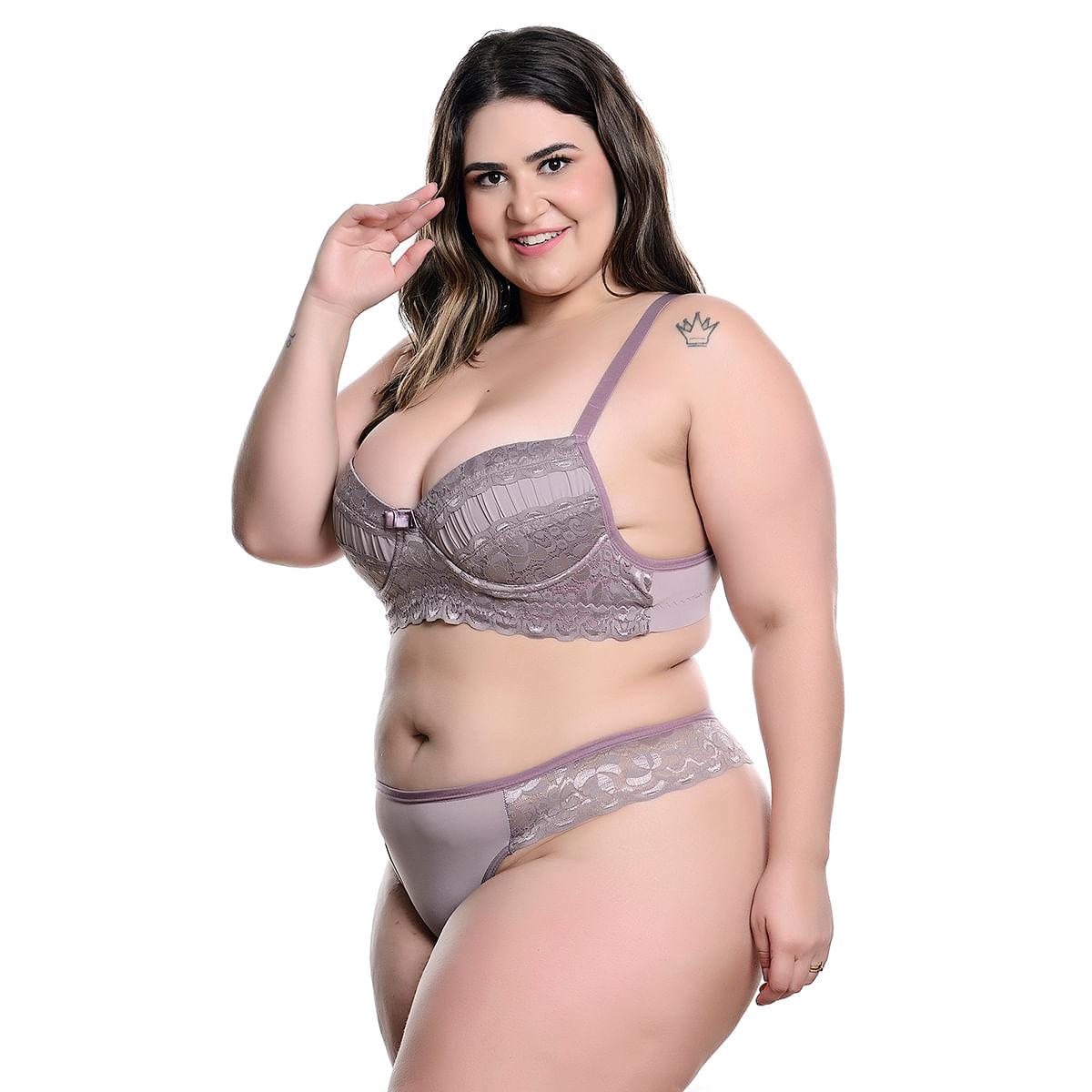 Conjunto Plus Size Modelo Fio Duplo em Microfibra com Detalhes Rendados no Bojo e Lacinho Hot Love