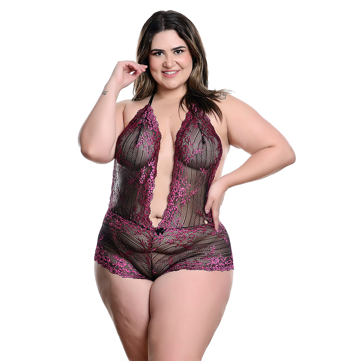 Body Invertido Renda Bicolor Plus Size Hot