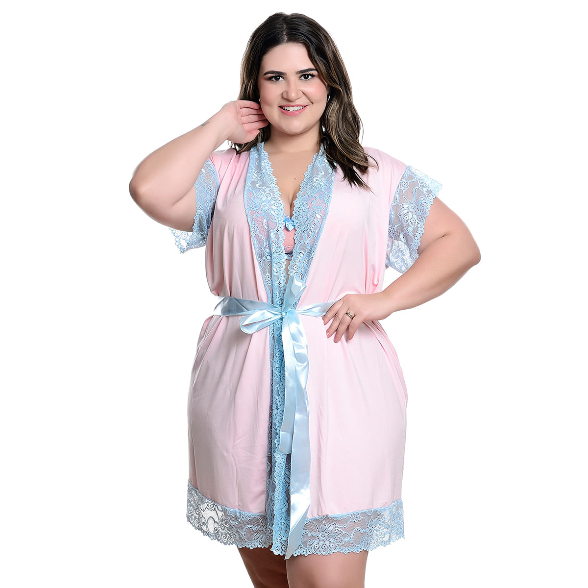 Robe Manga Curta Plus Size com Detalhes em Renda Hot Love