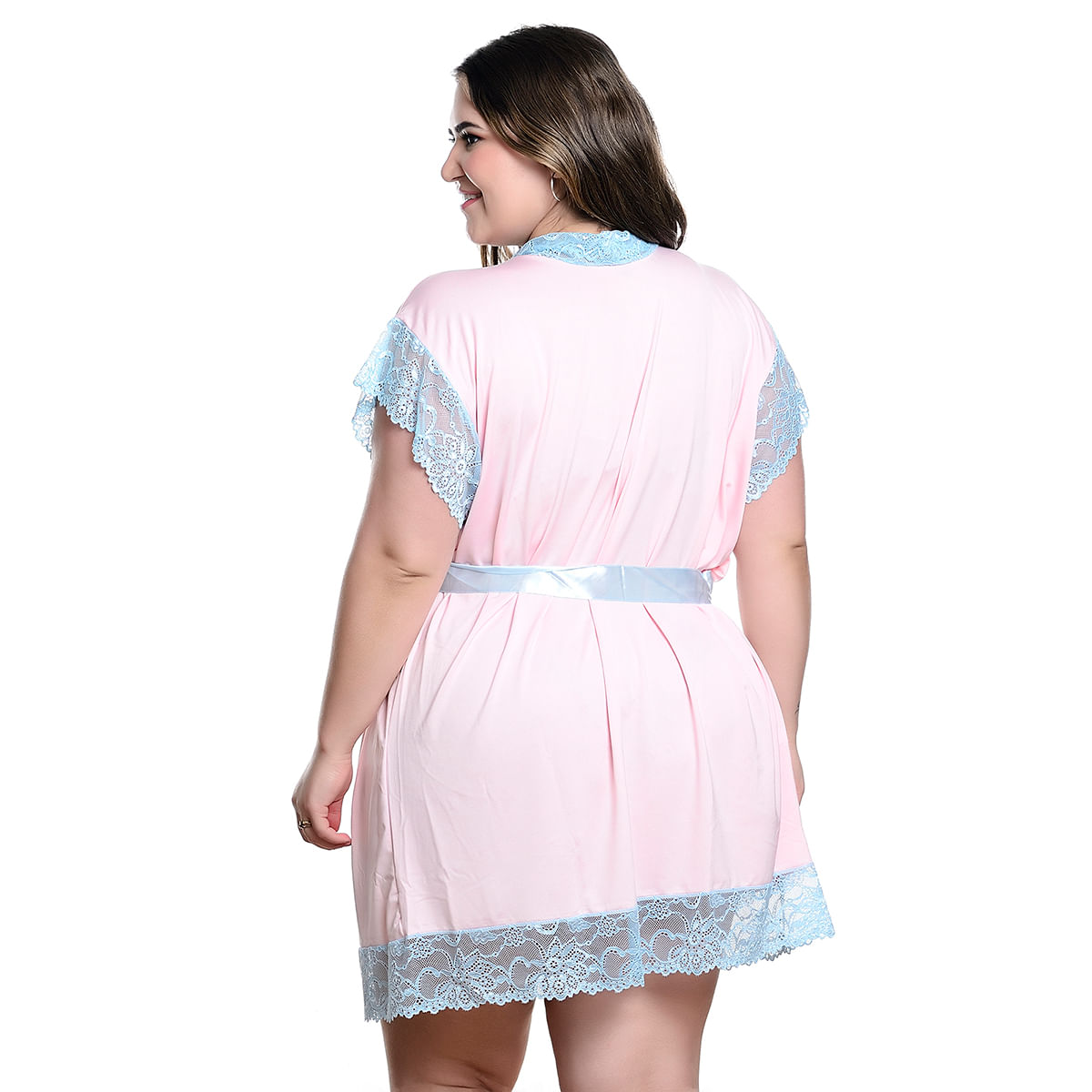 Robe Manga Curta Plus Size com Detalhes em Renda Hot Love