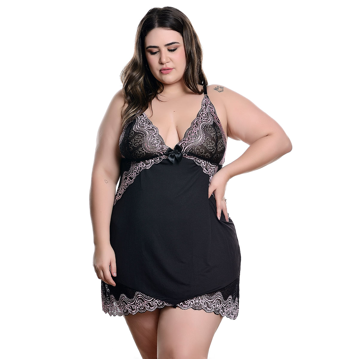 Camisola Plus Size em Tule com Detalhes em Renda Bicolor Hot Love