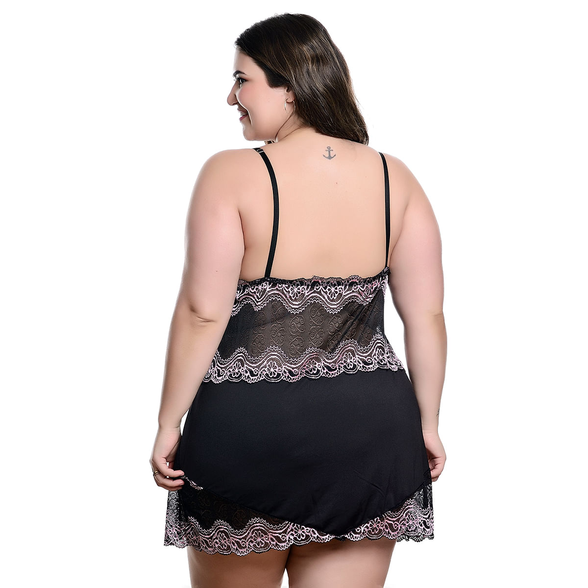 Camisola Plus Size em Tule com Detalhes em Renda Bicolor Hot Love