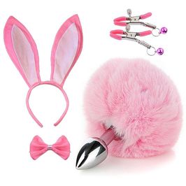 Kit Plug Anal Pompom, Tiara de Orelha, Grampos para Mamilos e Laço Sexy Import