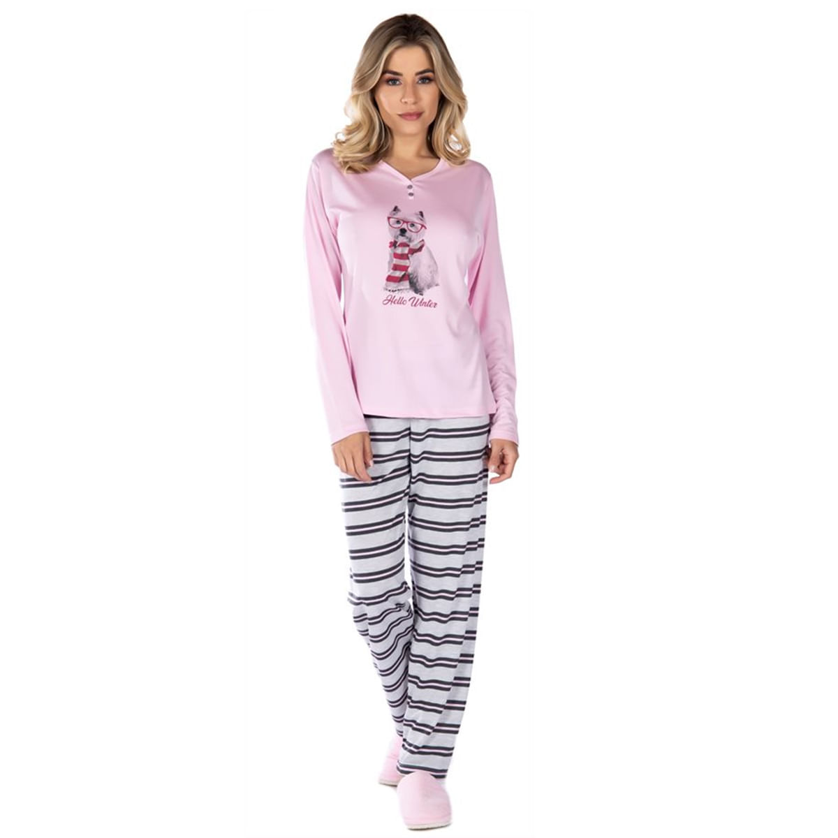Pijama Confort Meia Malha Feminino com Manga Longa e Calça Coleção Inverno Victory