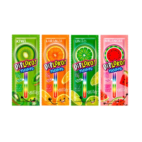 Dip Loko Neon Frutas Pirulito com Haste que Brilha no Escuro 10g Danilla