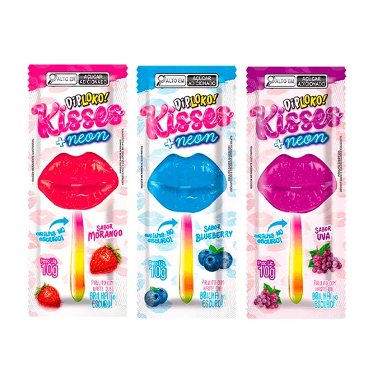 Dip Loko Kisses + Neon Pirulito com Haste que Brilha no Escuro 10g Danilla