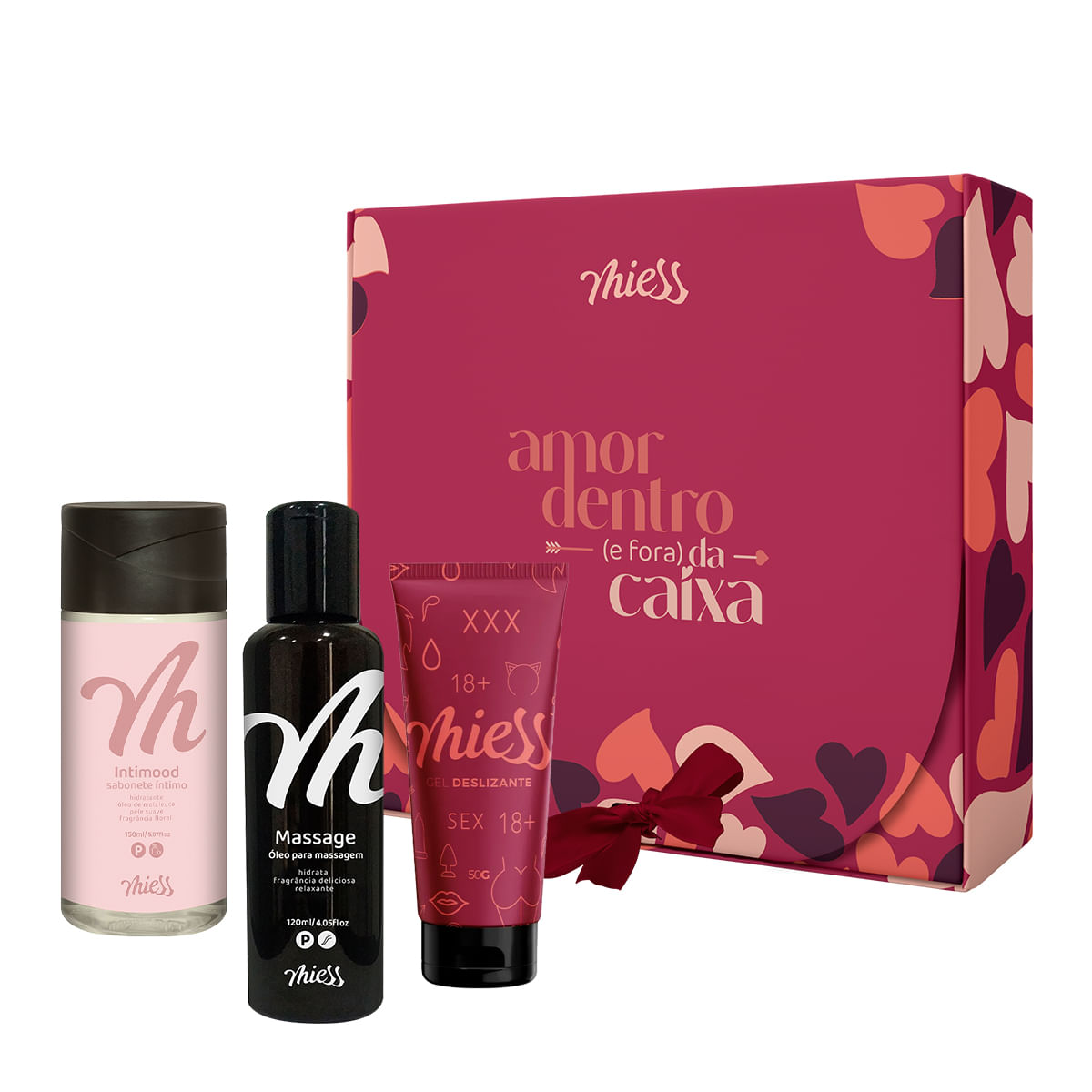 Kit Dia dos Namorados Sabonete Íntimo, Gel Deslizante e Óleo de Massagem com Caixa de Presente Miess
