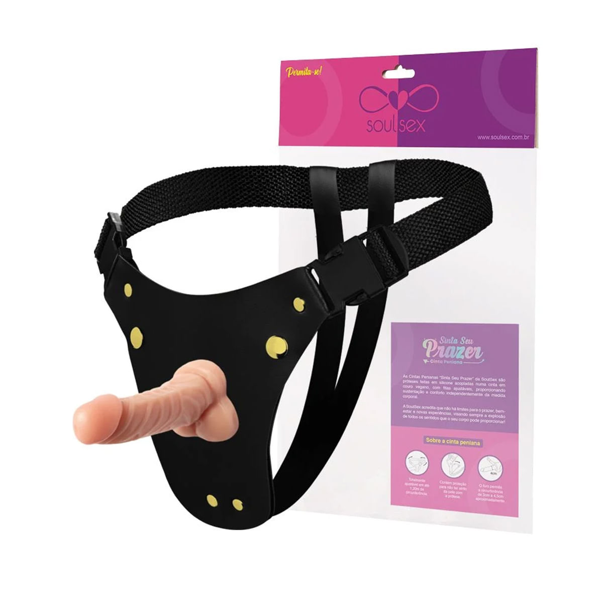 Cinta Peniana em Couro com Prótese Pênis Realístico com Escroto 12,3x3,7cm Soulsex