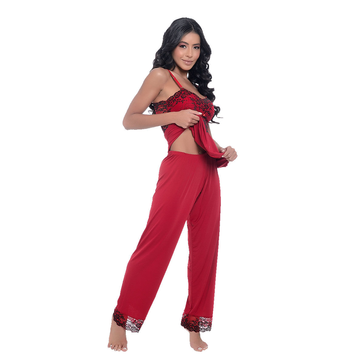 Pijama Bicolor com Calça e Detalhes em Renda Meu Mundo M