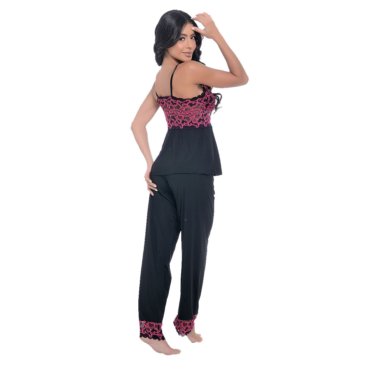 Pijama Bicolor com Calça e Detalhes em Renda Meu Mundo M