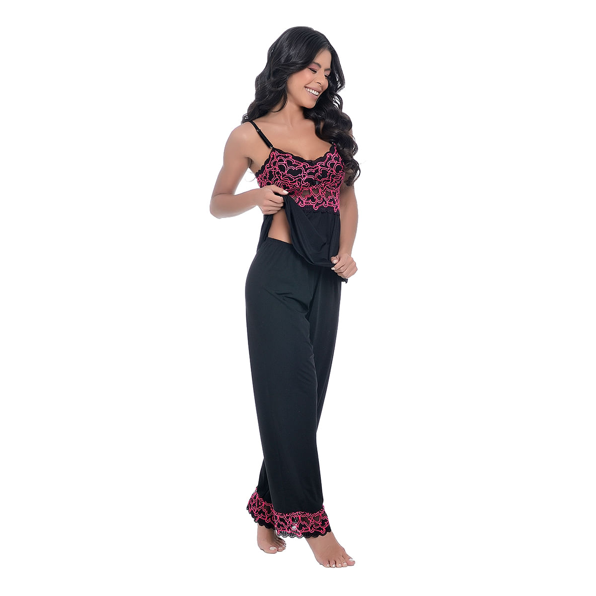 Pijama Bicolor com Calça e Detalhes em Renda Meu Mundo M
