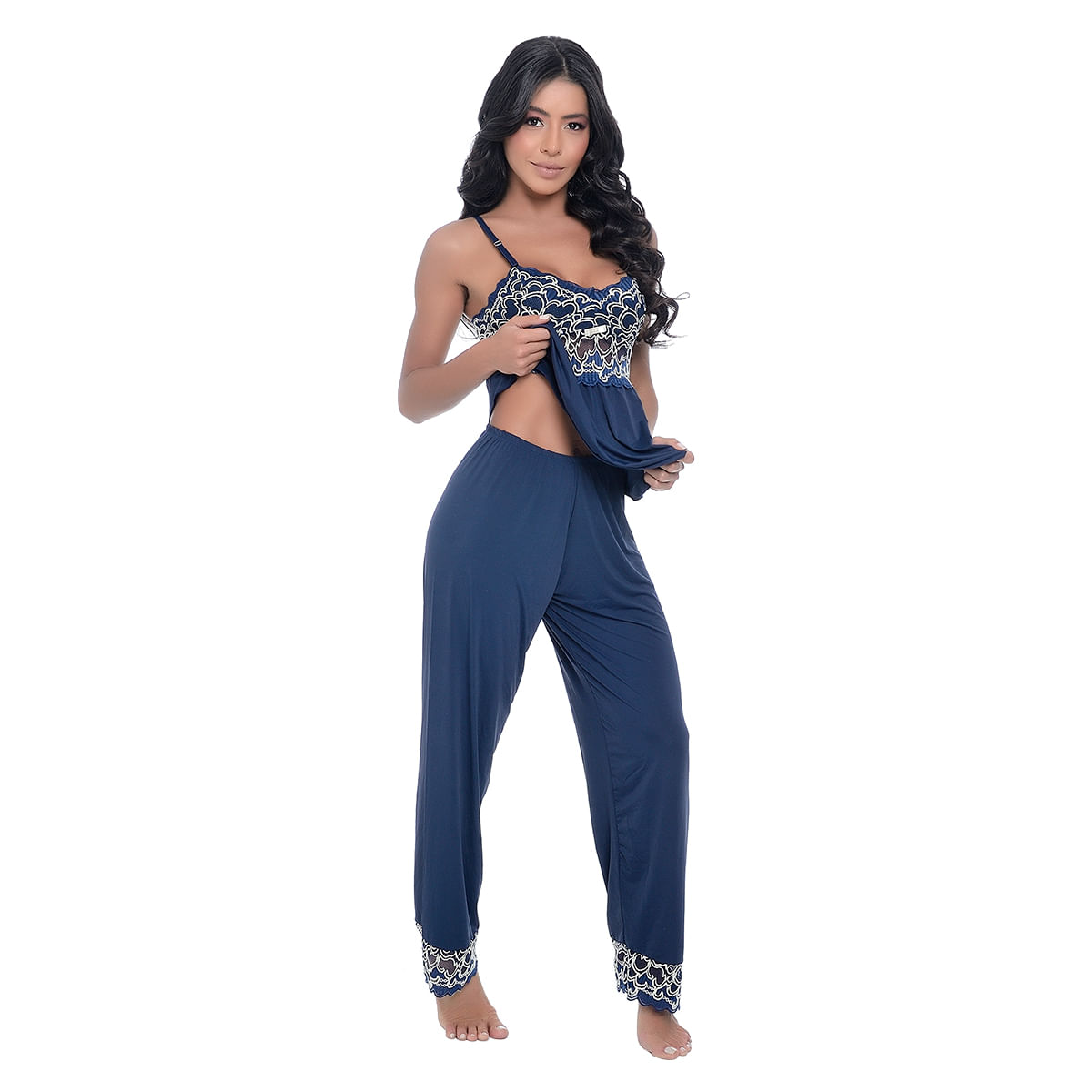 Pijama Bicolor com Calça e Detalhes em Renda Meu Mundo M