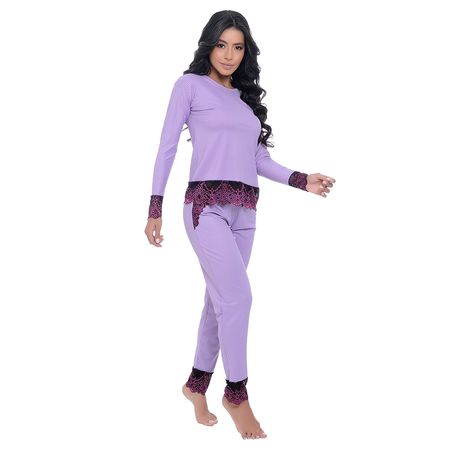 Pijama Manga Longa Canelado com Detalhes em Renda Hot Love