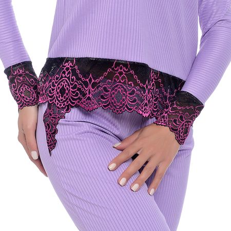 Pijama Manga Longa Canelado com Detalhes em Renda Hot Love