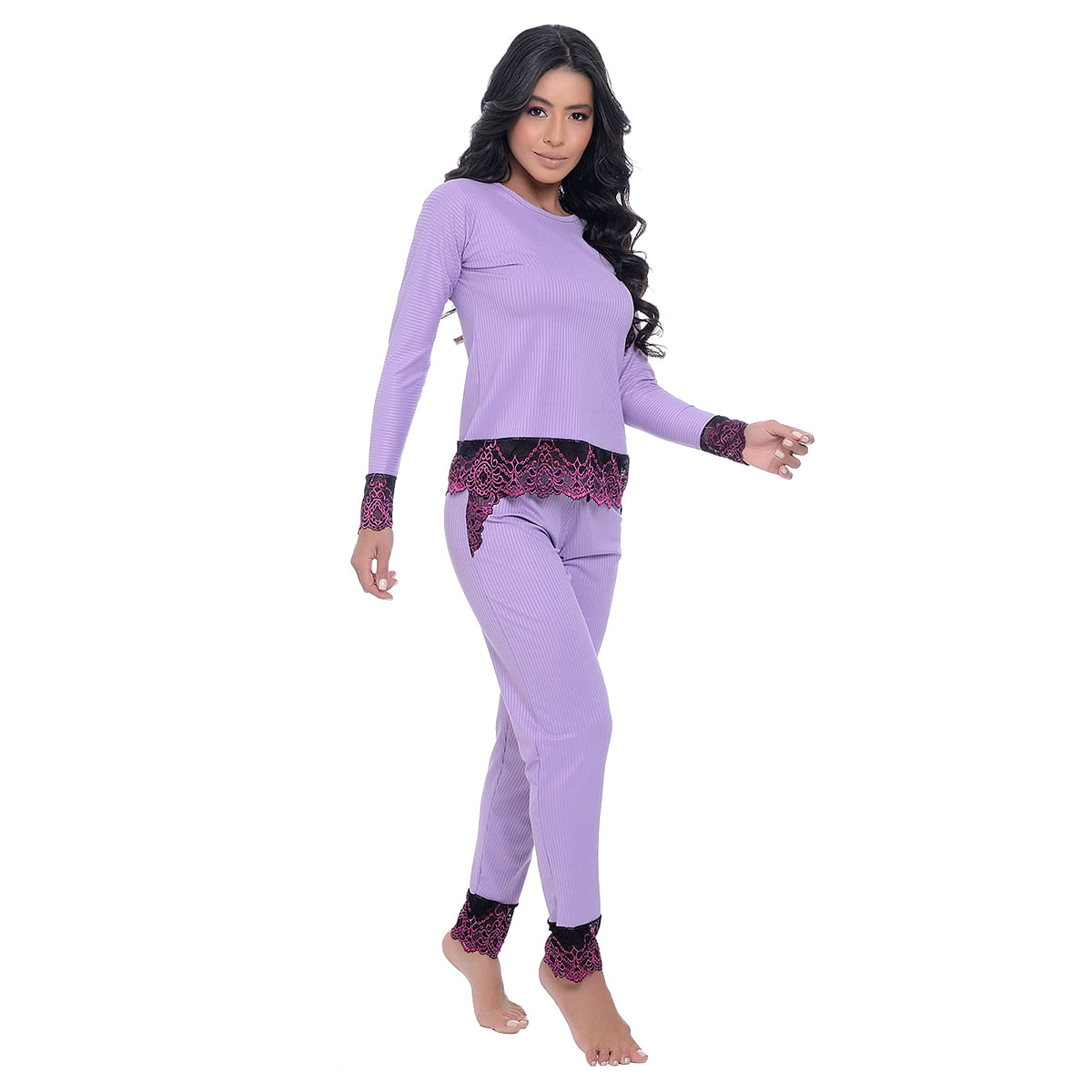 Pijama Manga Longa Canelado com Detalhes em Renda Hot Love