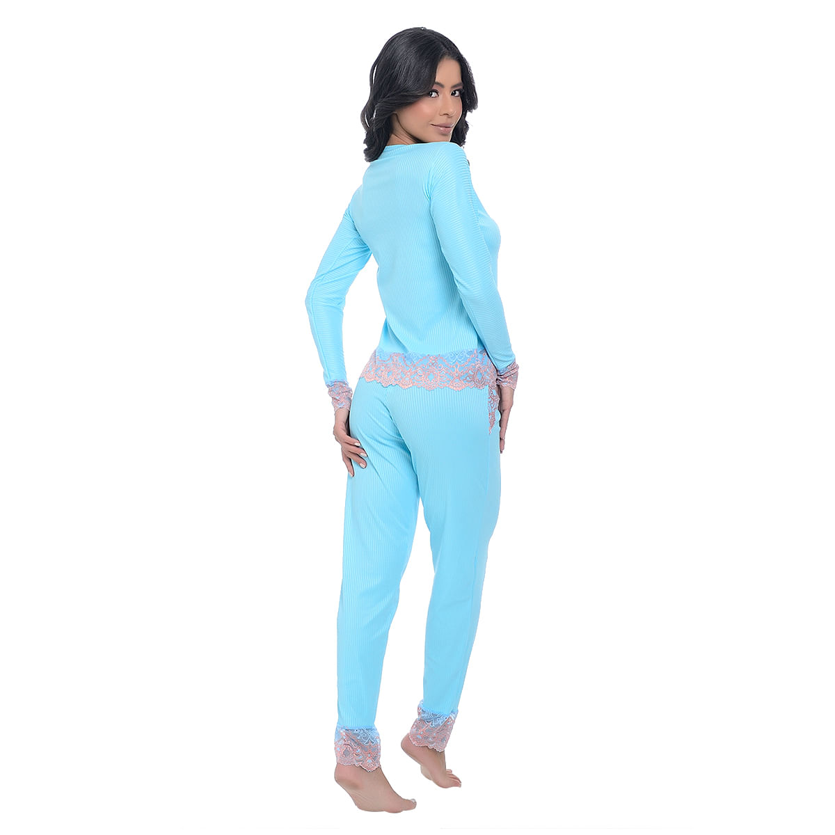 Pijama Manga Longa Canelado com Detalhes em Renda Hot Love