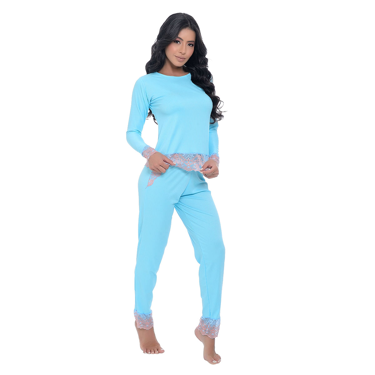 Pijama Manga Longa Canelado com Detalhes em Renda Hot Love