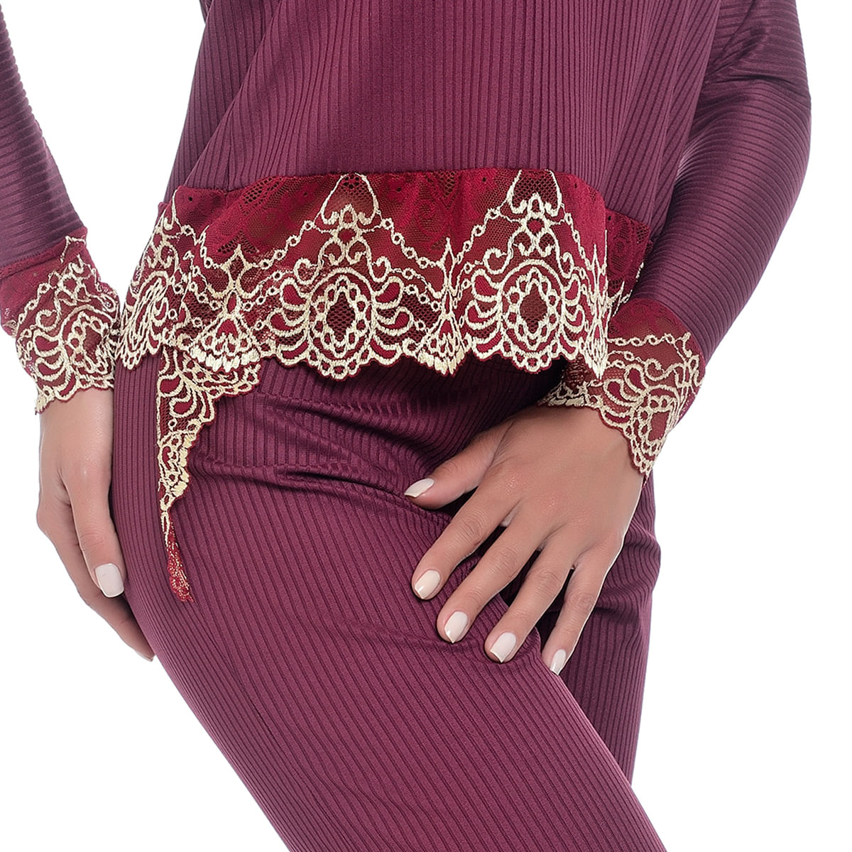 Pijama Manga Longa Canelado com Detalhes em Renda Hot Love