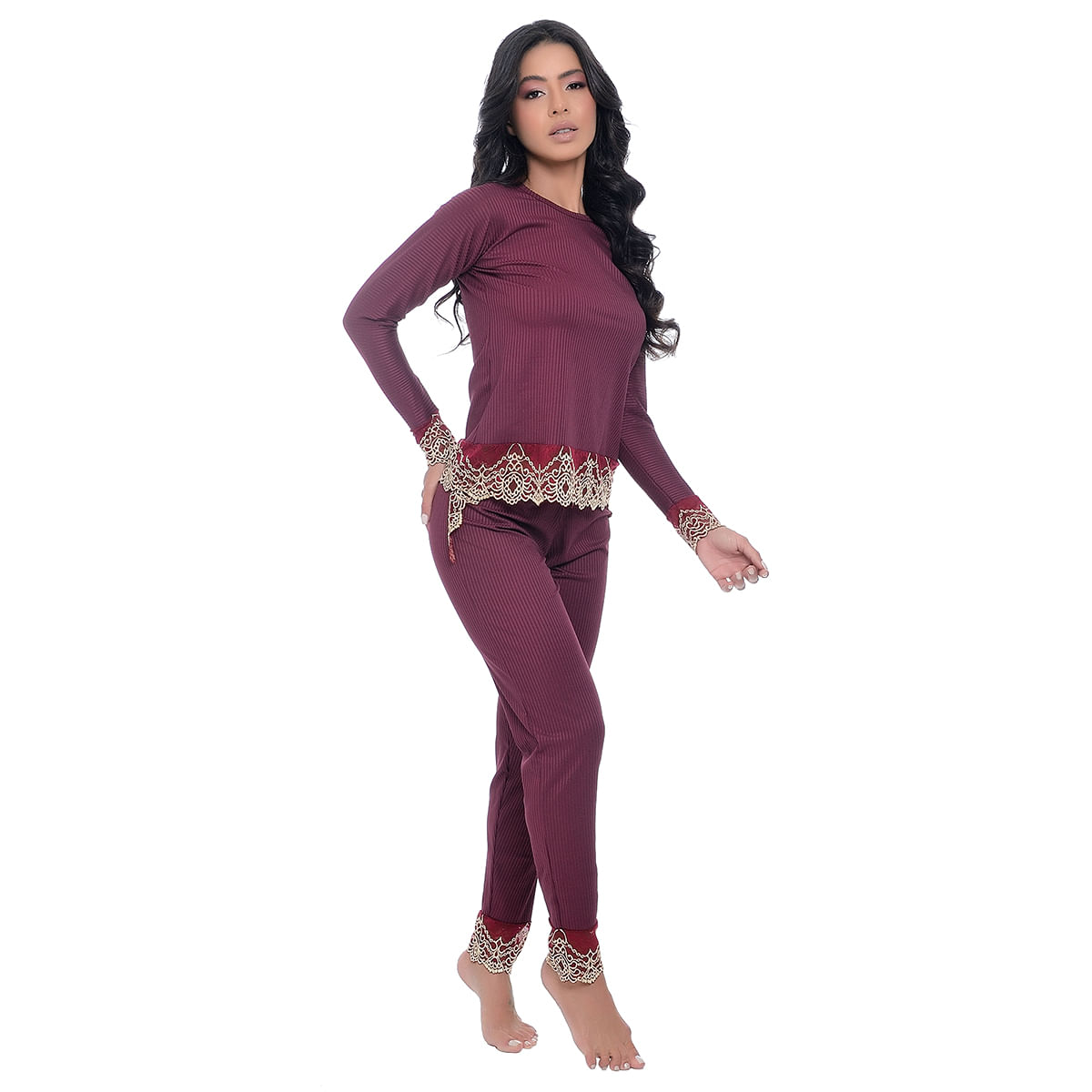 Pijama Manga Longa Canelado com Detalhes em Renda Hot Love