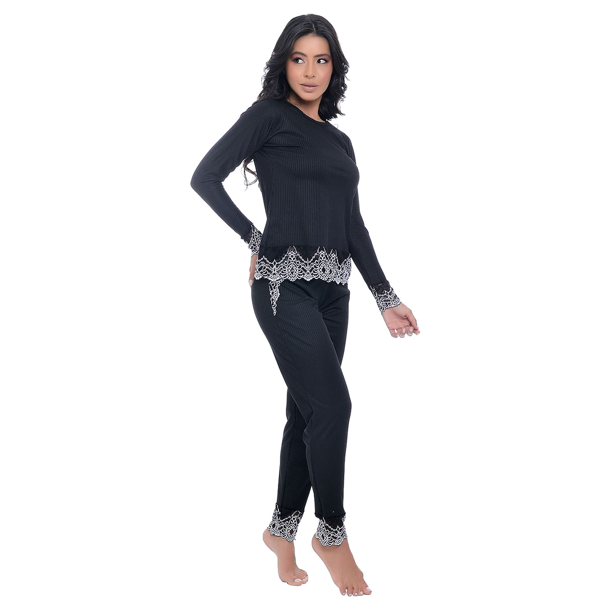 Pijama Manga Longa Canelado com Detalhes em Renda Hot Love