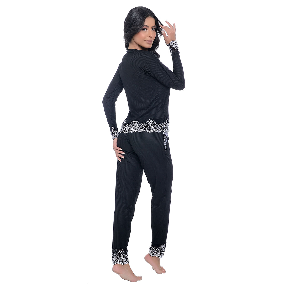 Pijama Manga Longa Canelado com Detalhes em Renda Hot Love