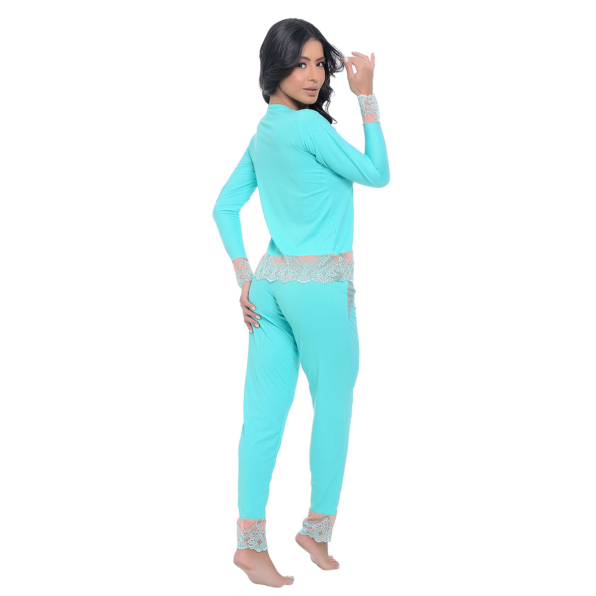 Pijama Manga Longa Canelado com Detalhes em Renda Hot Love