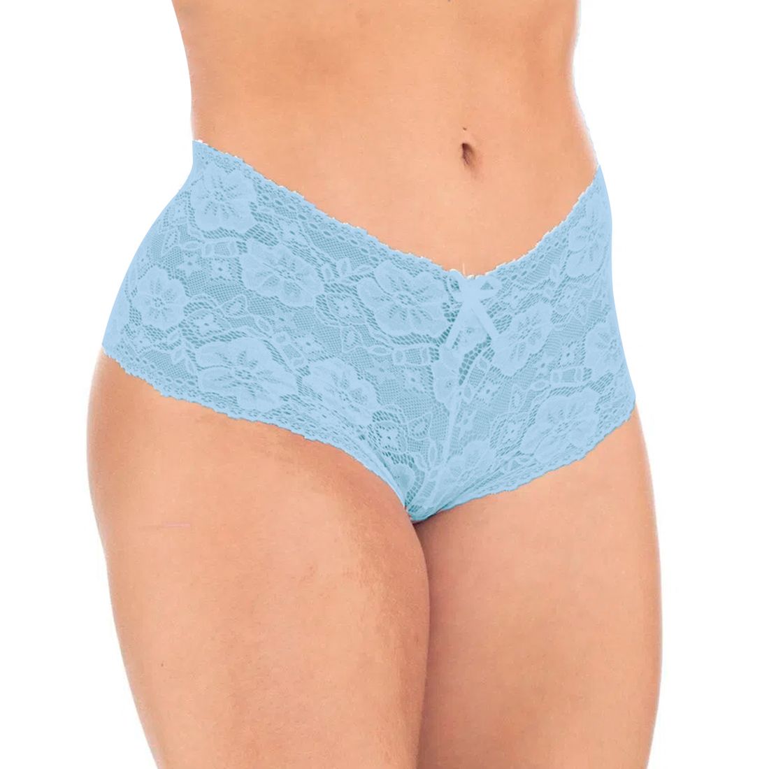 Calcinha com Cós Largo Trabalhado em Renda e Lacinho em Cetim Azul Claro - GG 