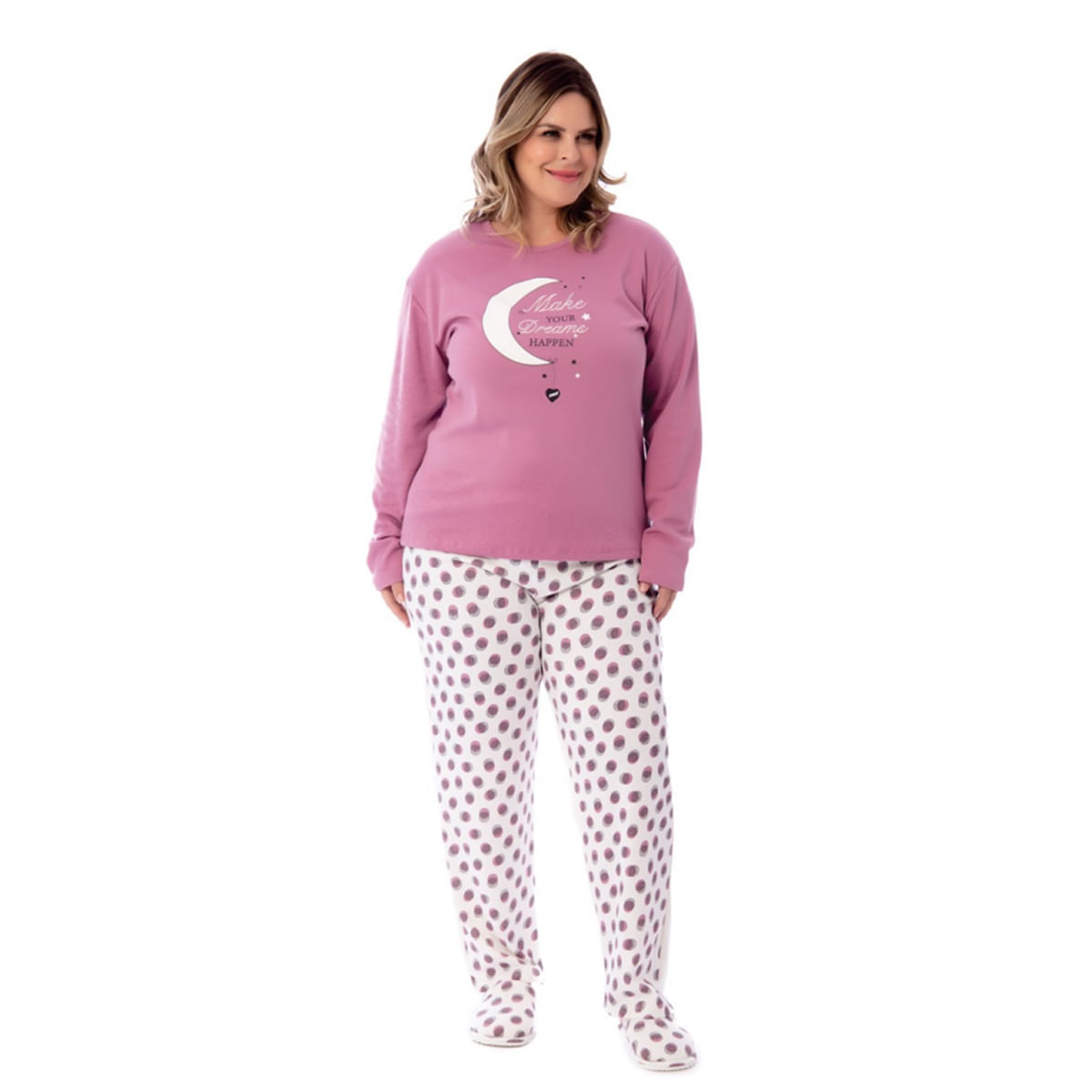 Pijama Tradicional Plus Size Feminino com Manga Longa e Calça Coleção Inverno Victory