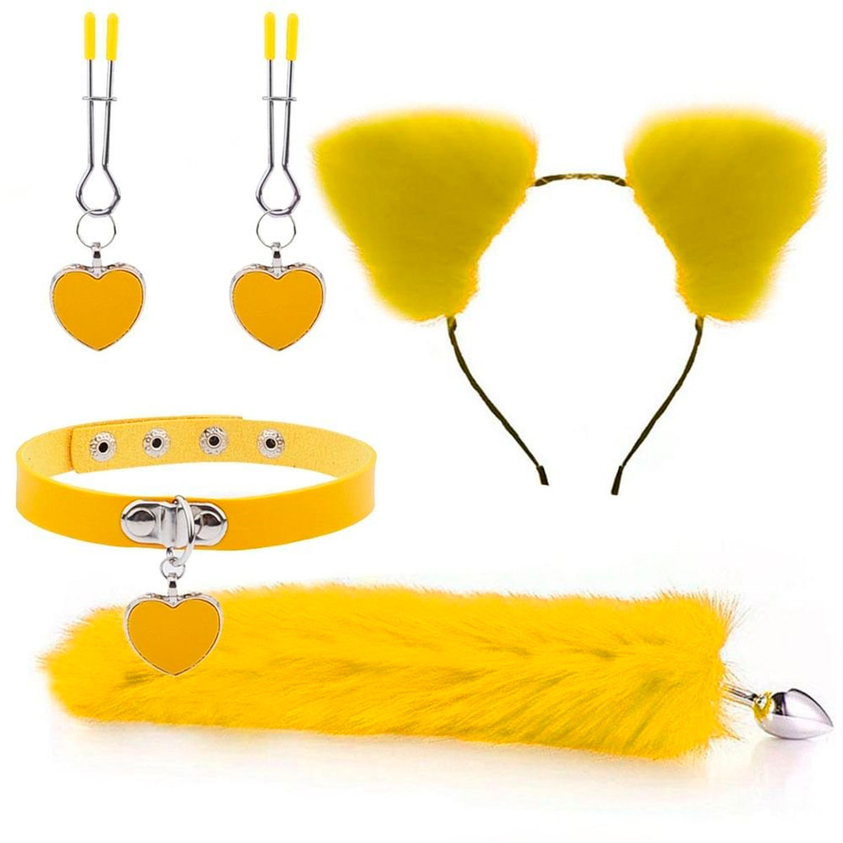 Kit Fox 4 em 1 Amarelo com Tiara Plug Grampos para Seios e Coleira Me Am