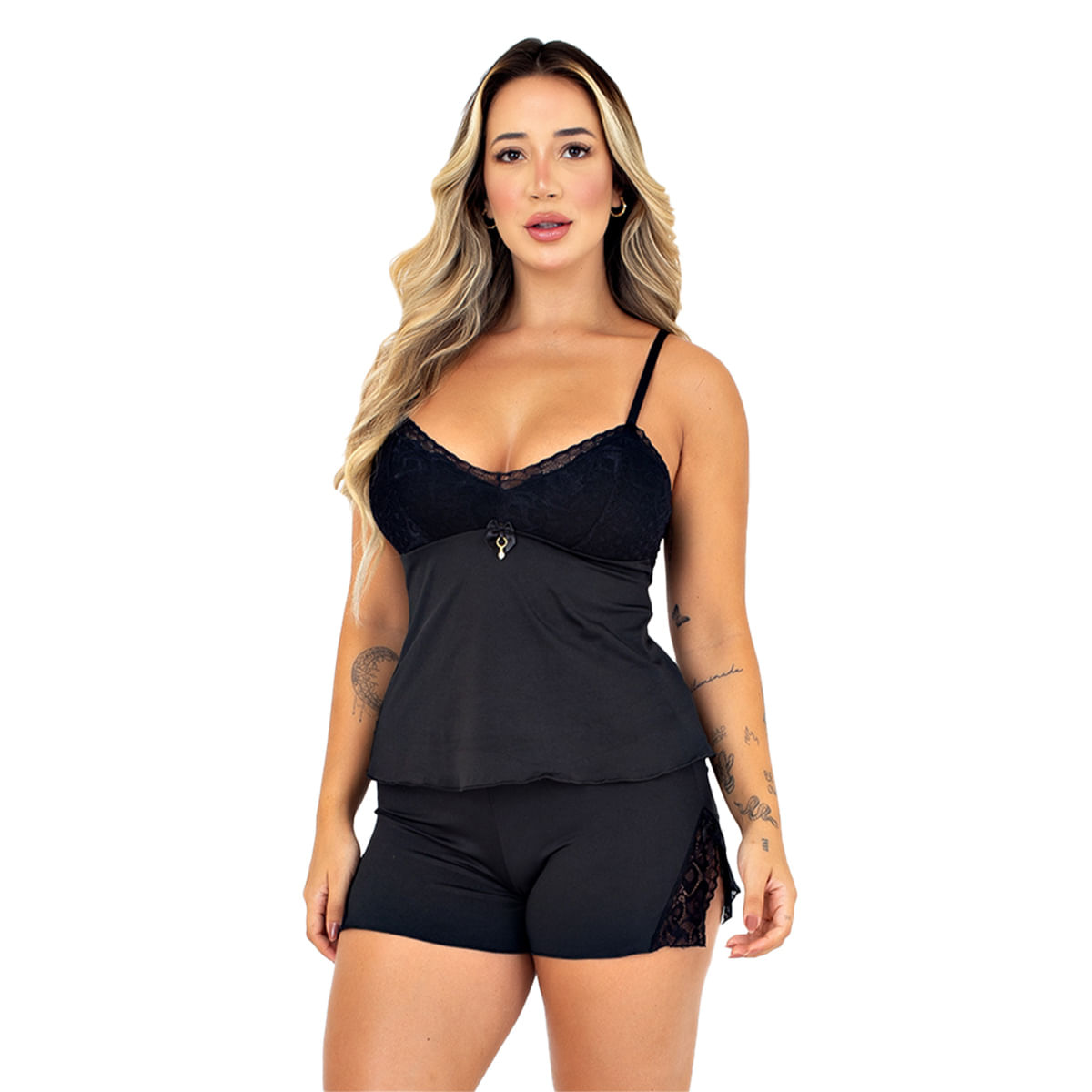 Baby Doll Liso Melinda com Biju e Detalhes em Renda Patitex Baby Doll Liso Melinda com Biju e Detalhes em Renda Patitex