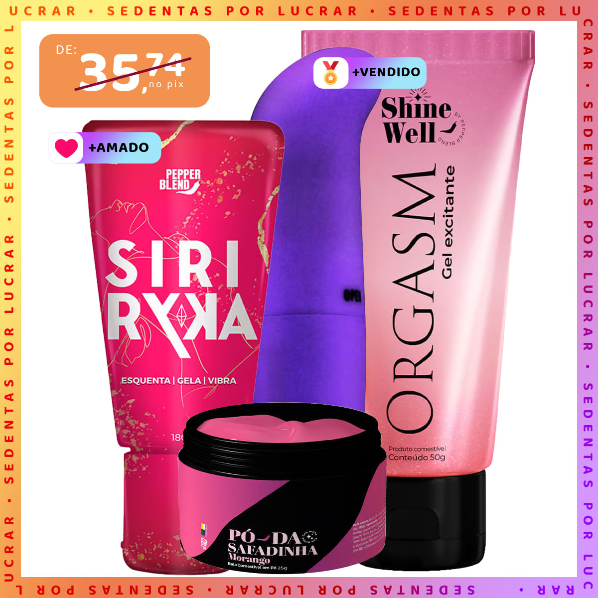 Kit Erótico com Siri Ryka, Orgasm, Pó da Safadinha e Vibrador Ponto G