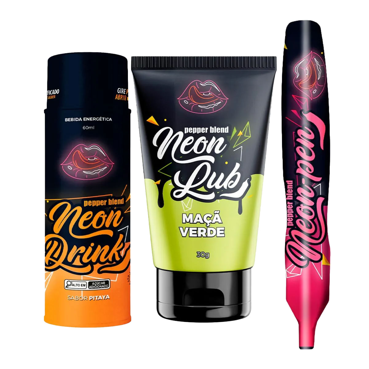 Kit Erótico com Neon Drink, Neon Lub e Neon Pen