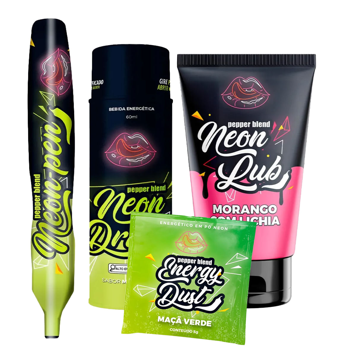 Kit Erótico com Neon Drink, Neon Lub, Neon Pen e Neon Dust